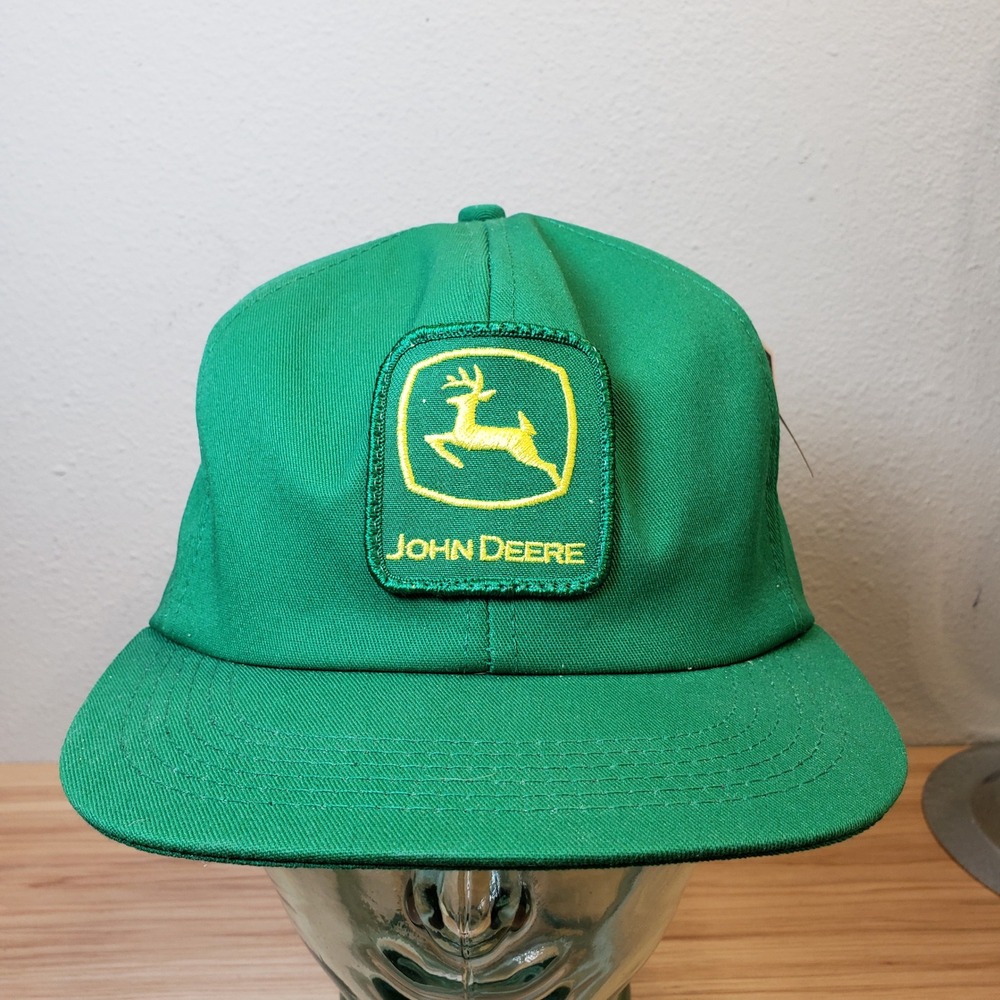 Vintage John Deere K Products Snap Back Hat Classic Green Deer Logo Front Farmer